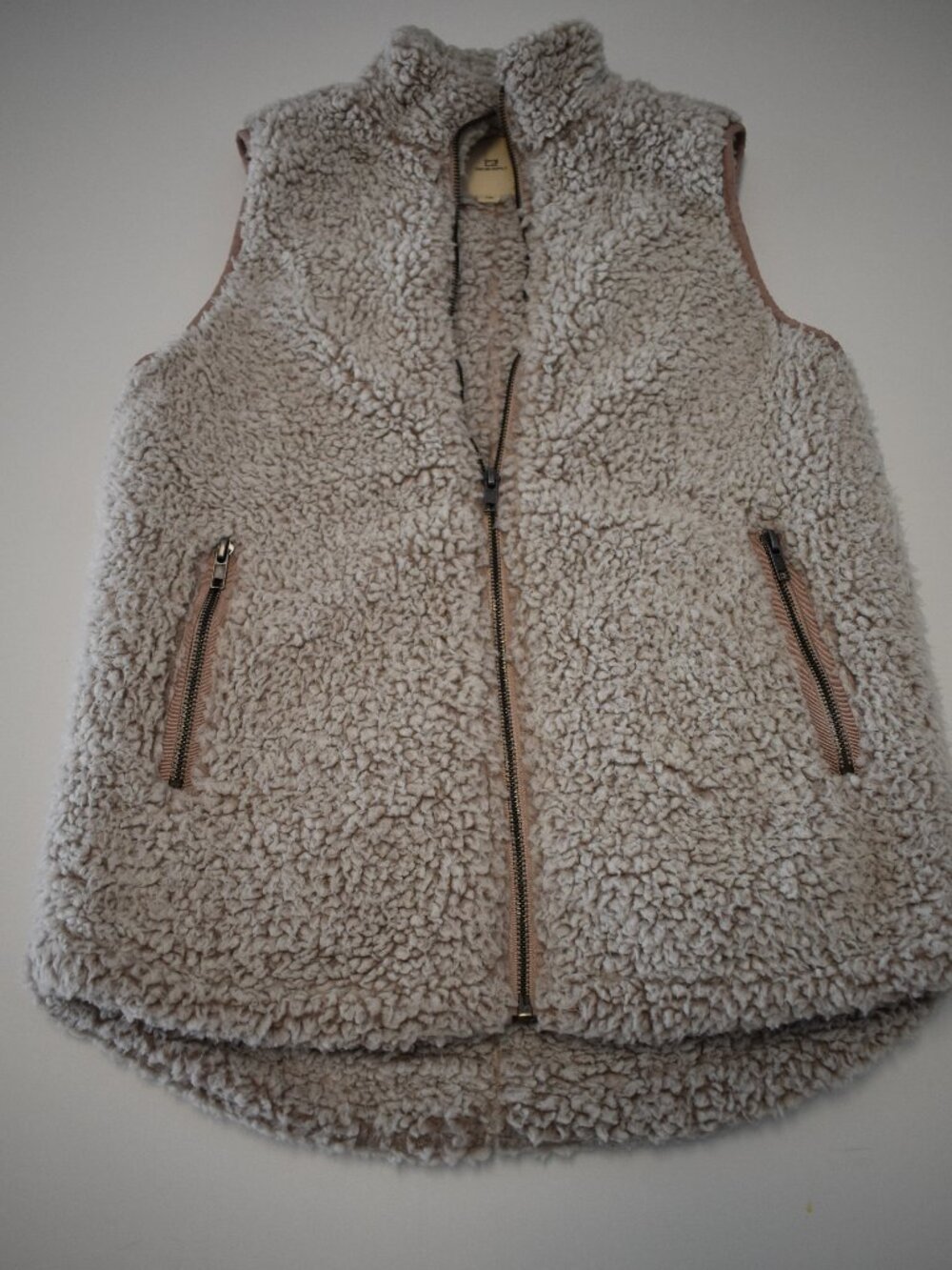 Women XS Sherpa Fleece Vest Cream Taupe Full Zip High Neck Thread-Supply